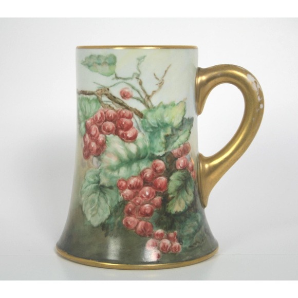 The Unbranded Brand Other - Antique Belleek Tankard Mug Stein CAC Painted with Grapes/Leaves Gold Gilding